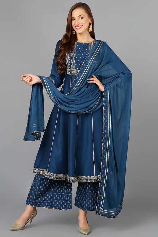 Teal Silk Blend Ethnic Motifs Anarkali Suit Set PKSKD1930