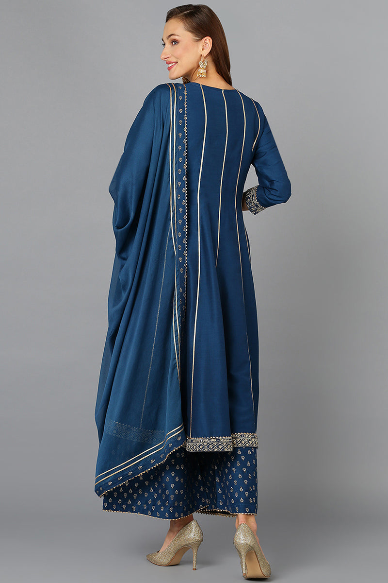 Teal Silk Blend Ethnic Motifs Anarkali Suit Set PKSKD1930
