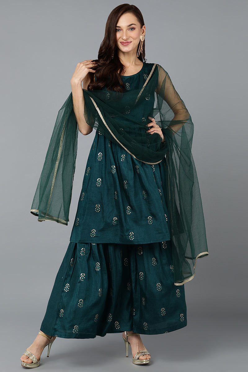 Silk Blend Green Flared Kurta Sharara With Dupatta PKSKD1933