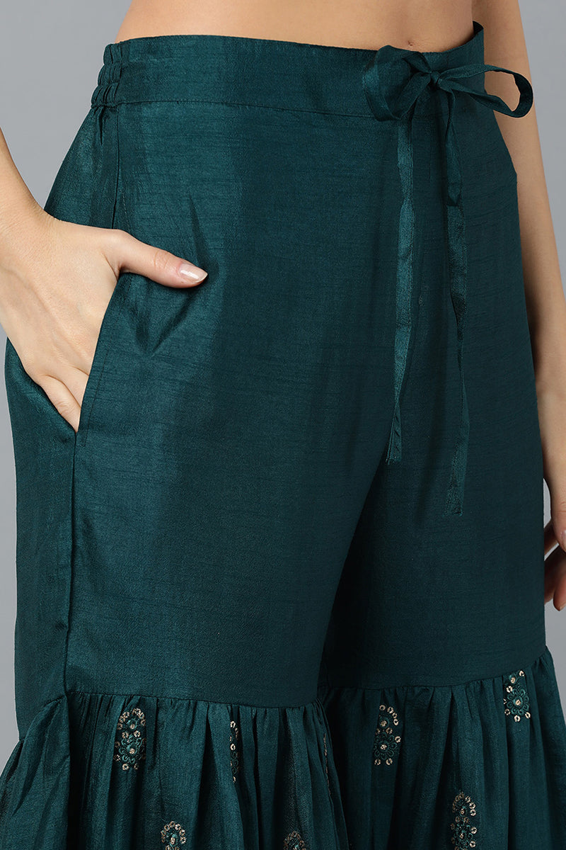 Silk Blend Green Flared Kurta Sharara With Dupatta PKSKD1933