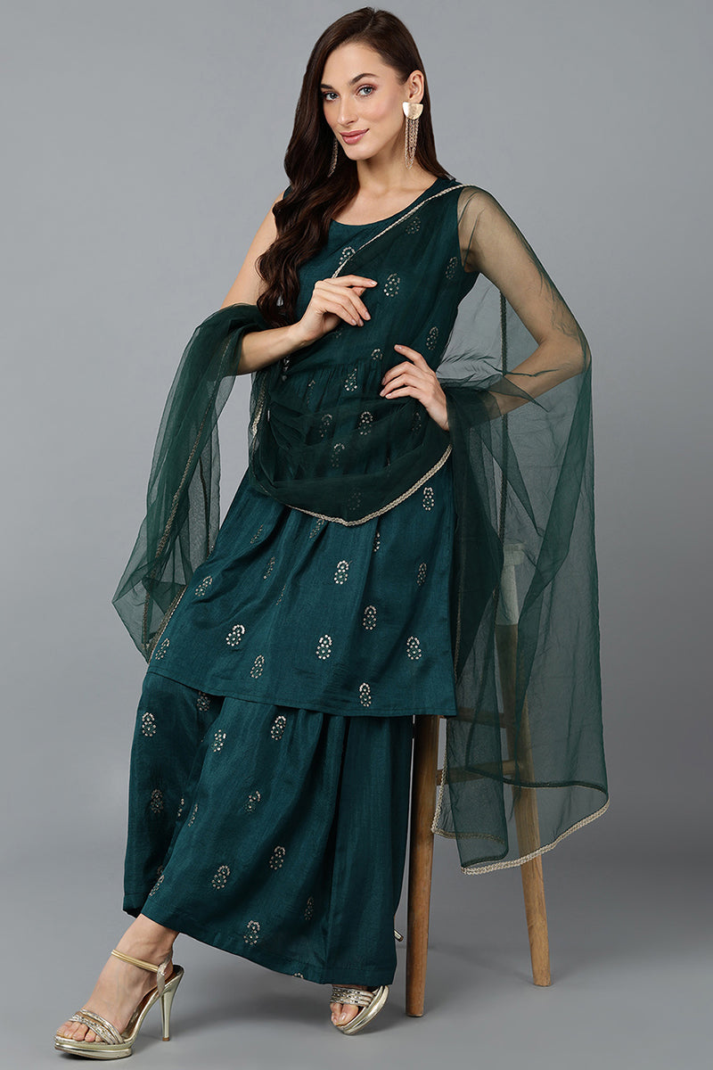 Silk Blend Green Flared Kurta Sharara With Dupatta PKSKD1933