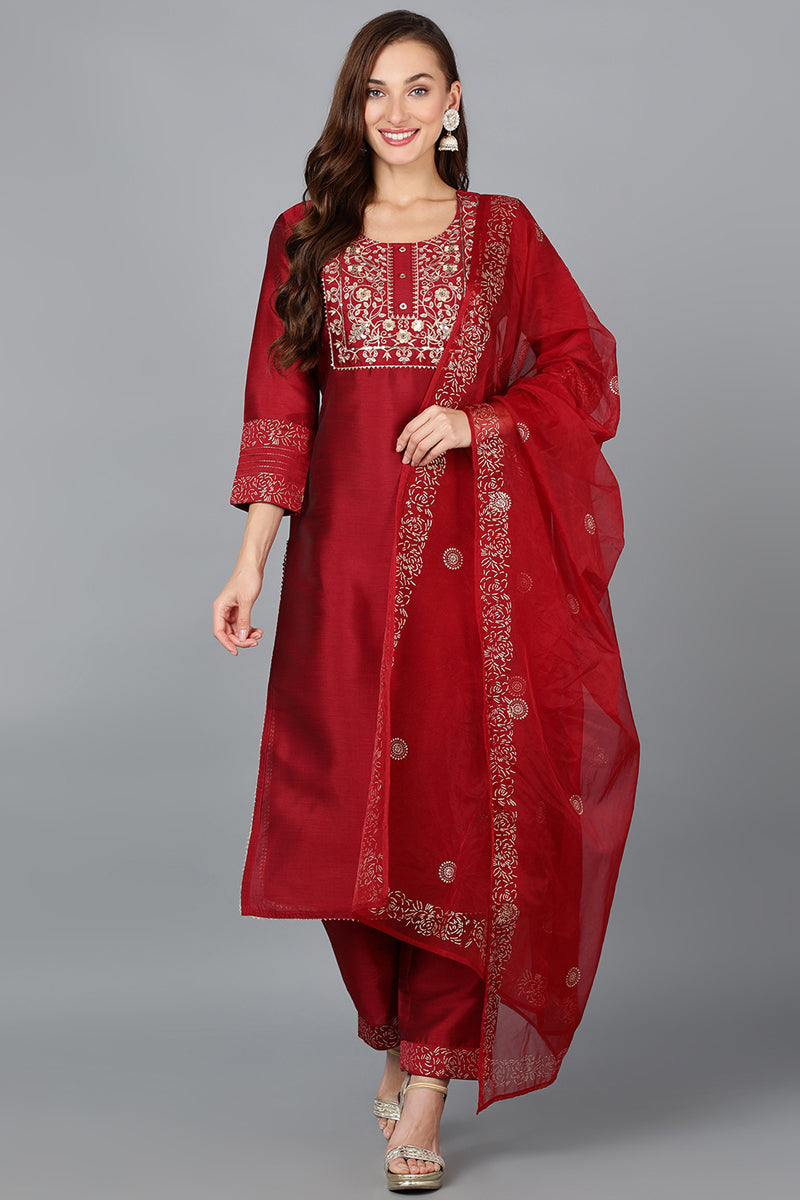 Maroon Silk Blend Yoke Design Kurta Trouser With Dupatta PKSKD1936