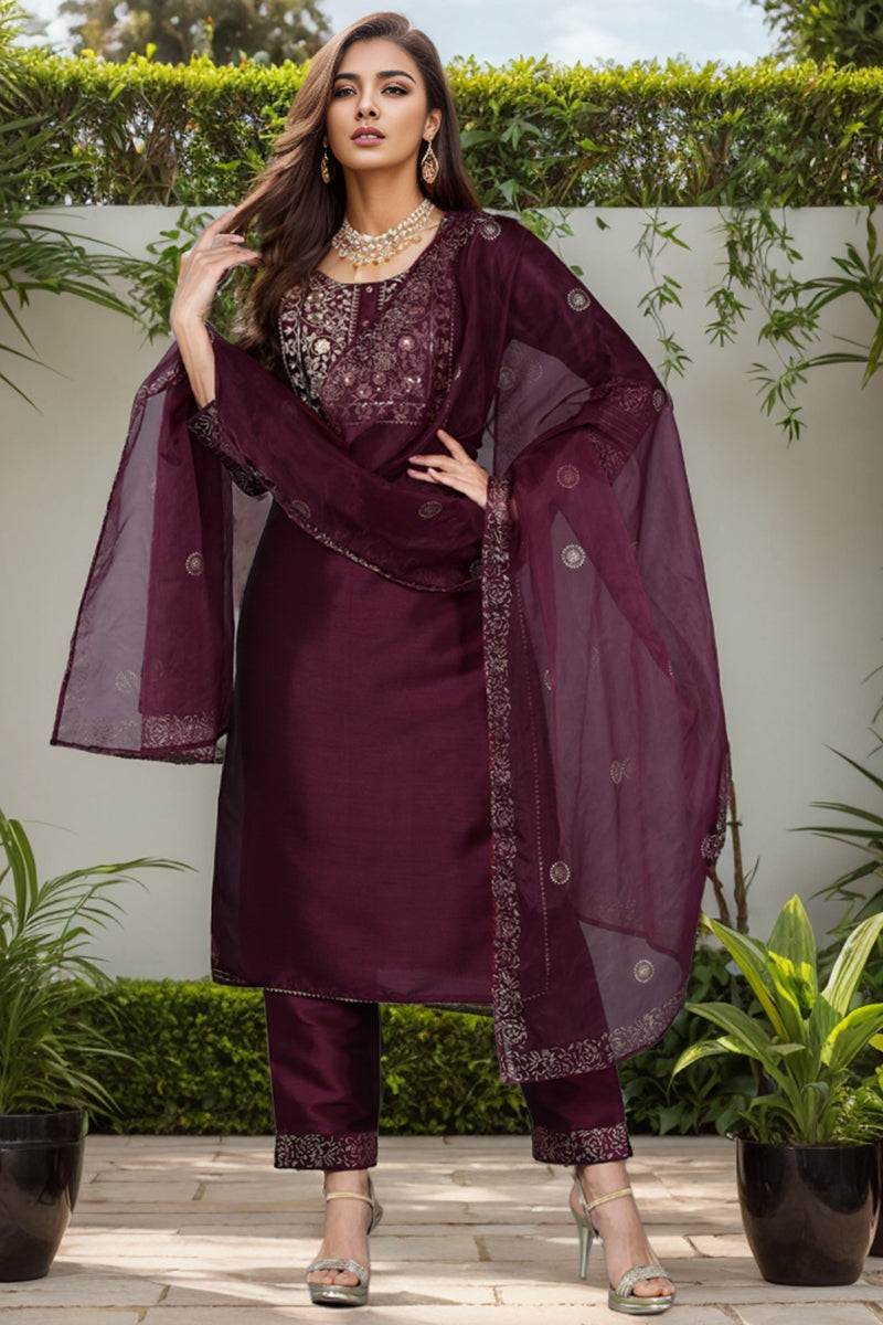 Purple Silk Blend Straight Yoke Design Kurta Pant With Dupatta PKSKD1937