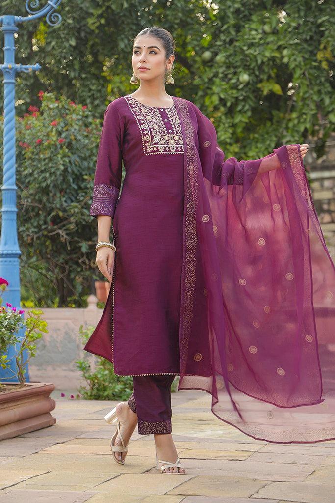 Purple Silk Blend Straight Yoke Design Kurta Pant – Ahika