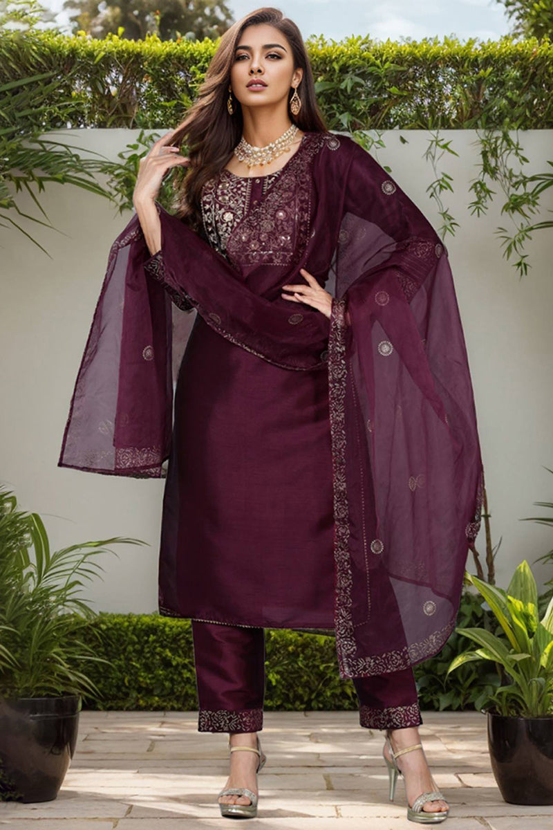 Purple Silk Blend Straight Yoke Design Kurta Pant With Dupatta PKSKD1937