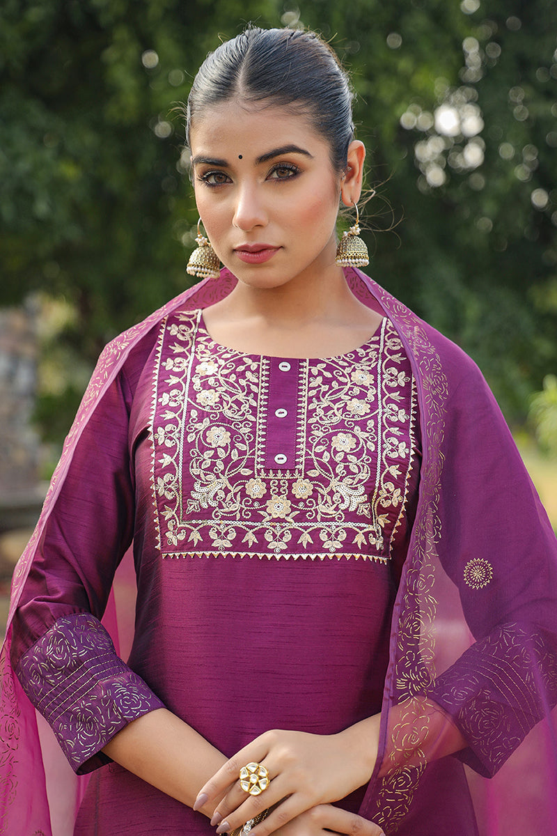 Purple Silk Blend Straight Yoke Design Kurta Pant With Dupatta PKSKD1937