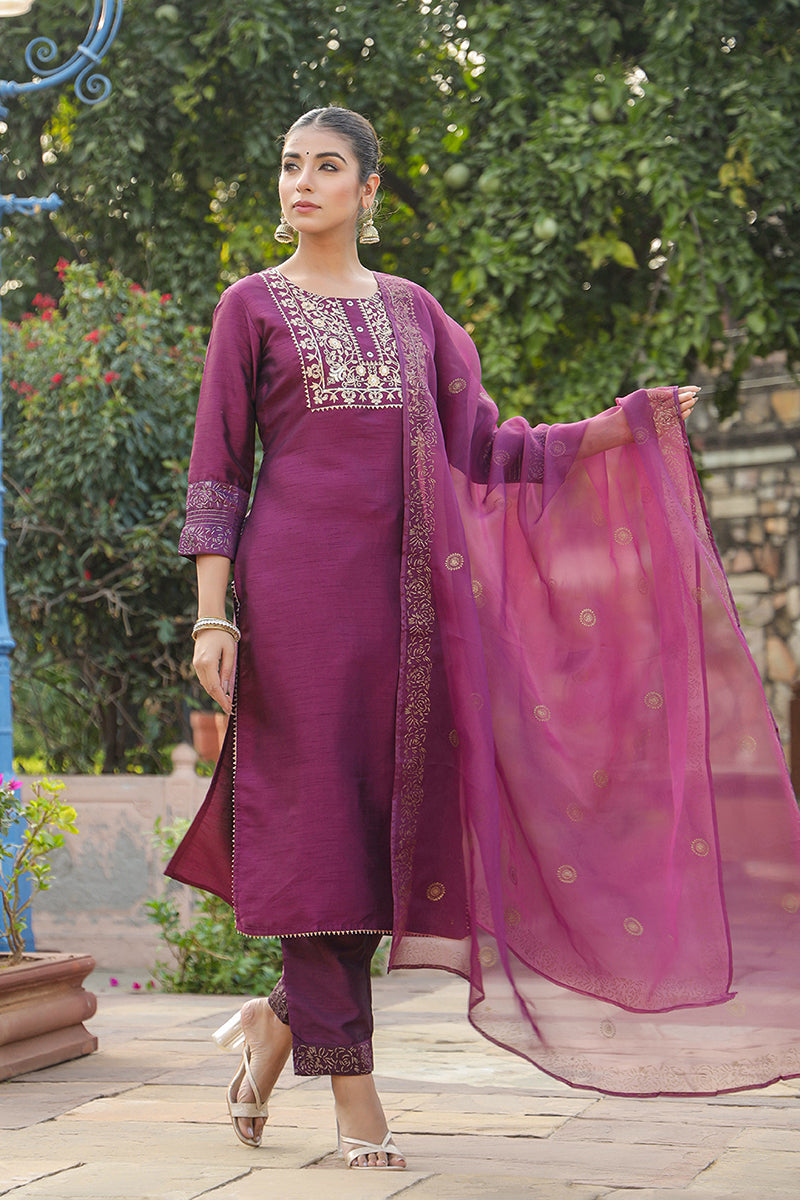 Purple Silk Blend Straight Yoke Design Kurta Pant With Dupatta PKSKD1937