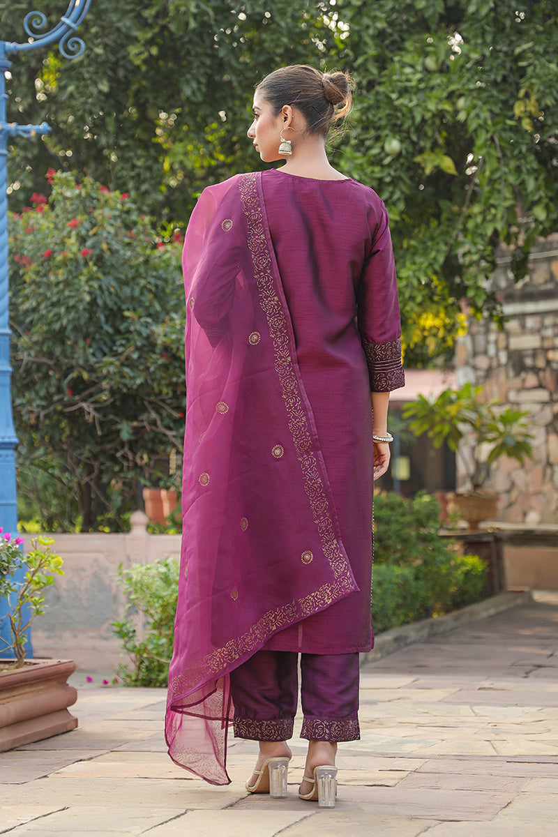 Purple Silk Blend Straight Yoke Design Kurta Pant With Dupatta PKSKD1937