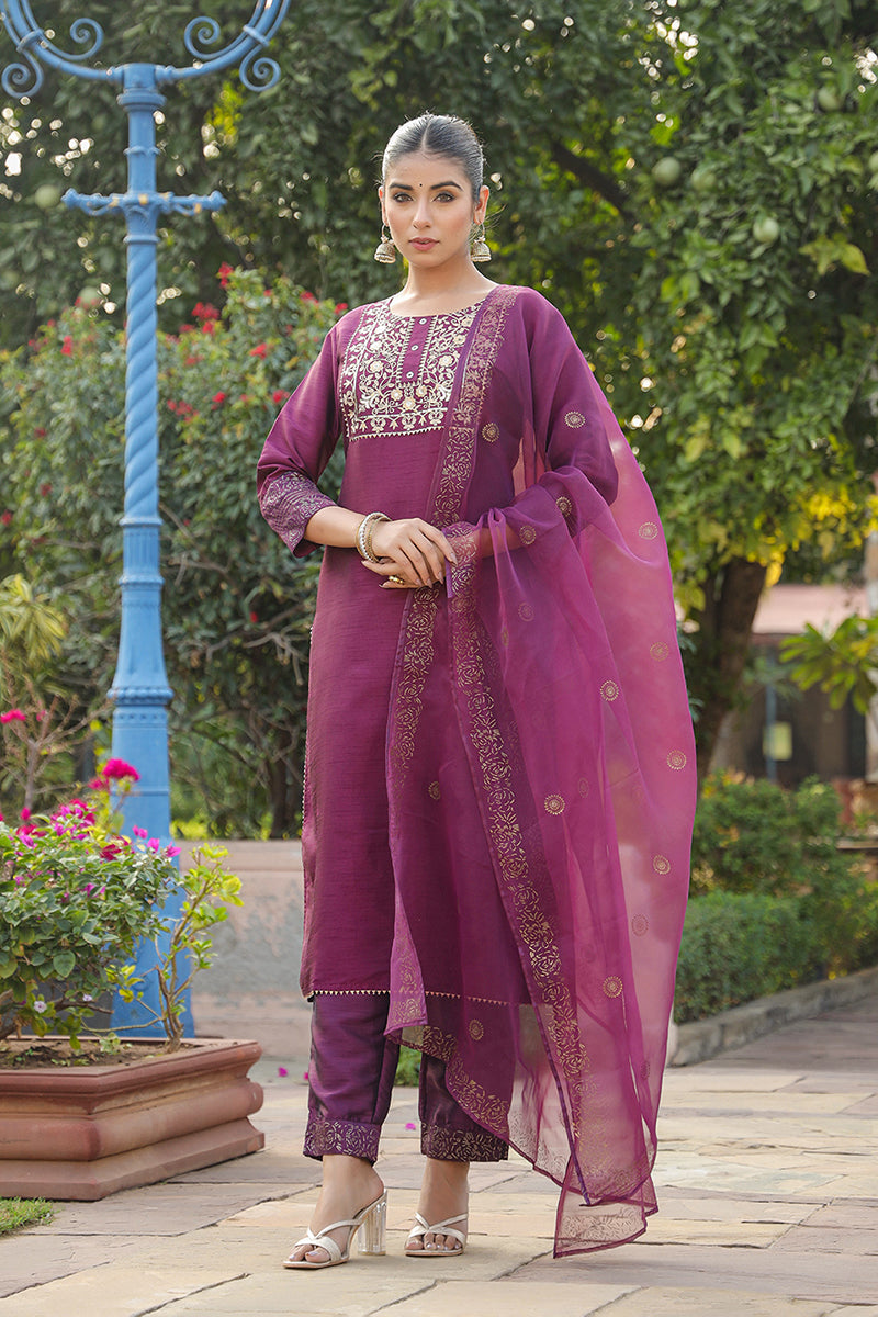 Purple Silk Blend Straight Yoke Design Kurta Pant With Dupatta PKSKD1937