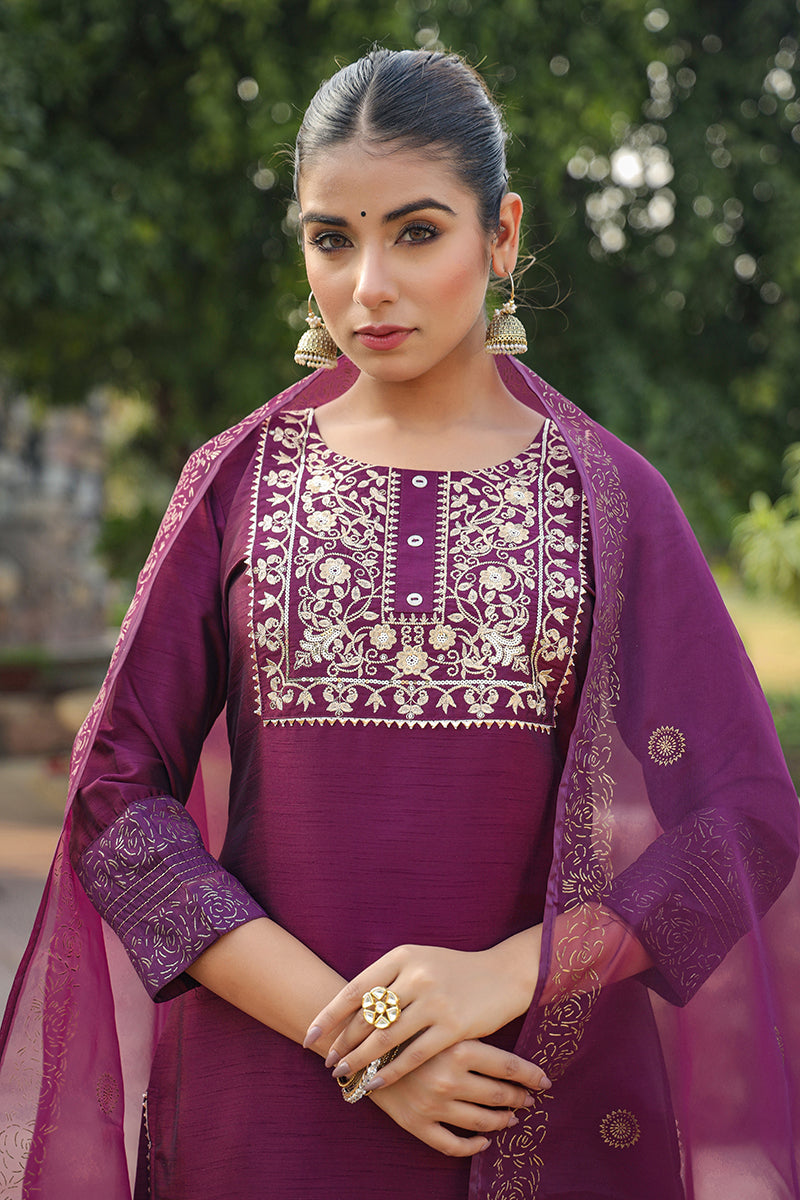 Purple Silk Blend Straight Yoke Design Kurta Pant With Dupatta PKSKD1937