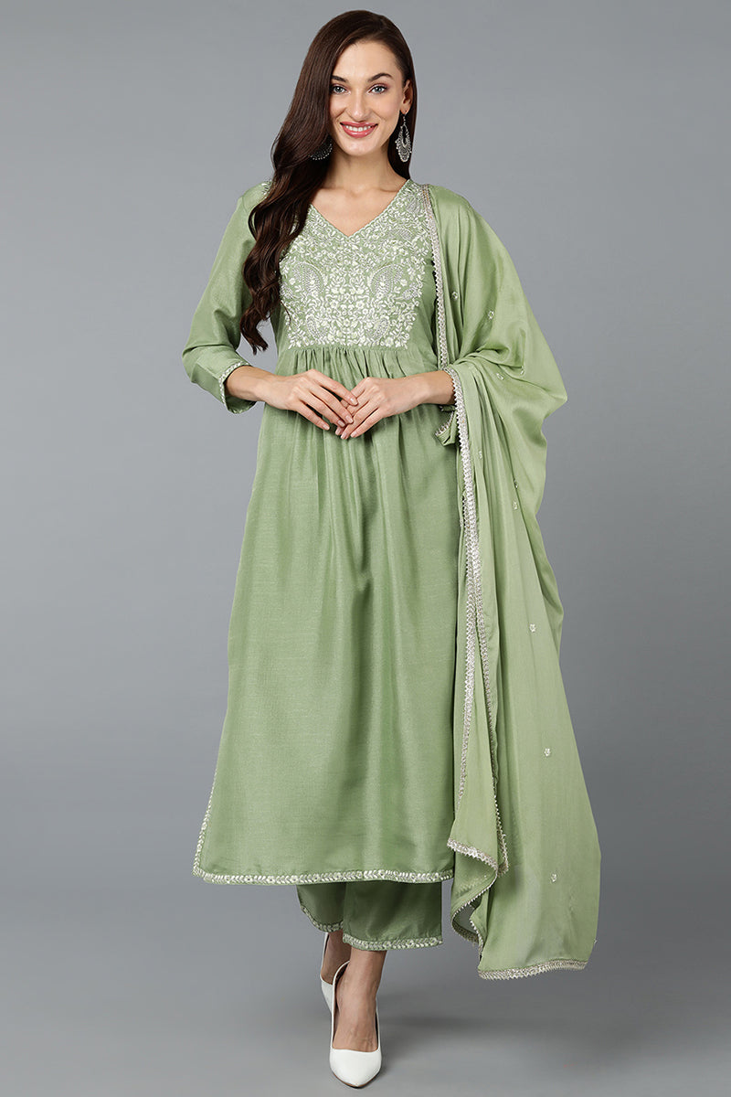 Silk Blend Sea Green Straight Kurta Pant With Dupatta PKSKD1938