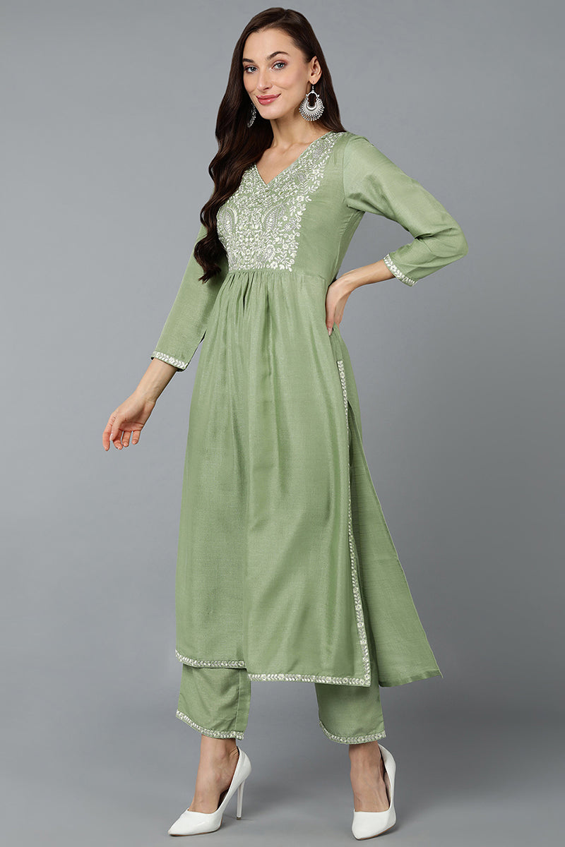 Silk Blend Sea Green Straight Kurta Pant With Dupatta PKSKD1938