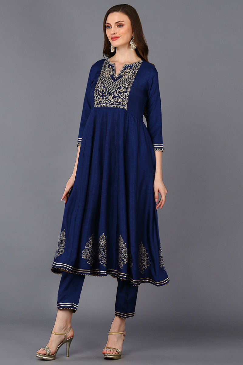 Silk Blend Navy Blue Flared Kurta Pant With Dupatta PKSKD1940