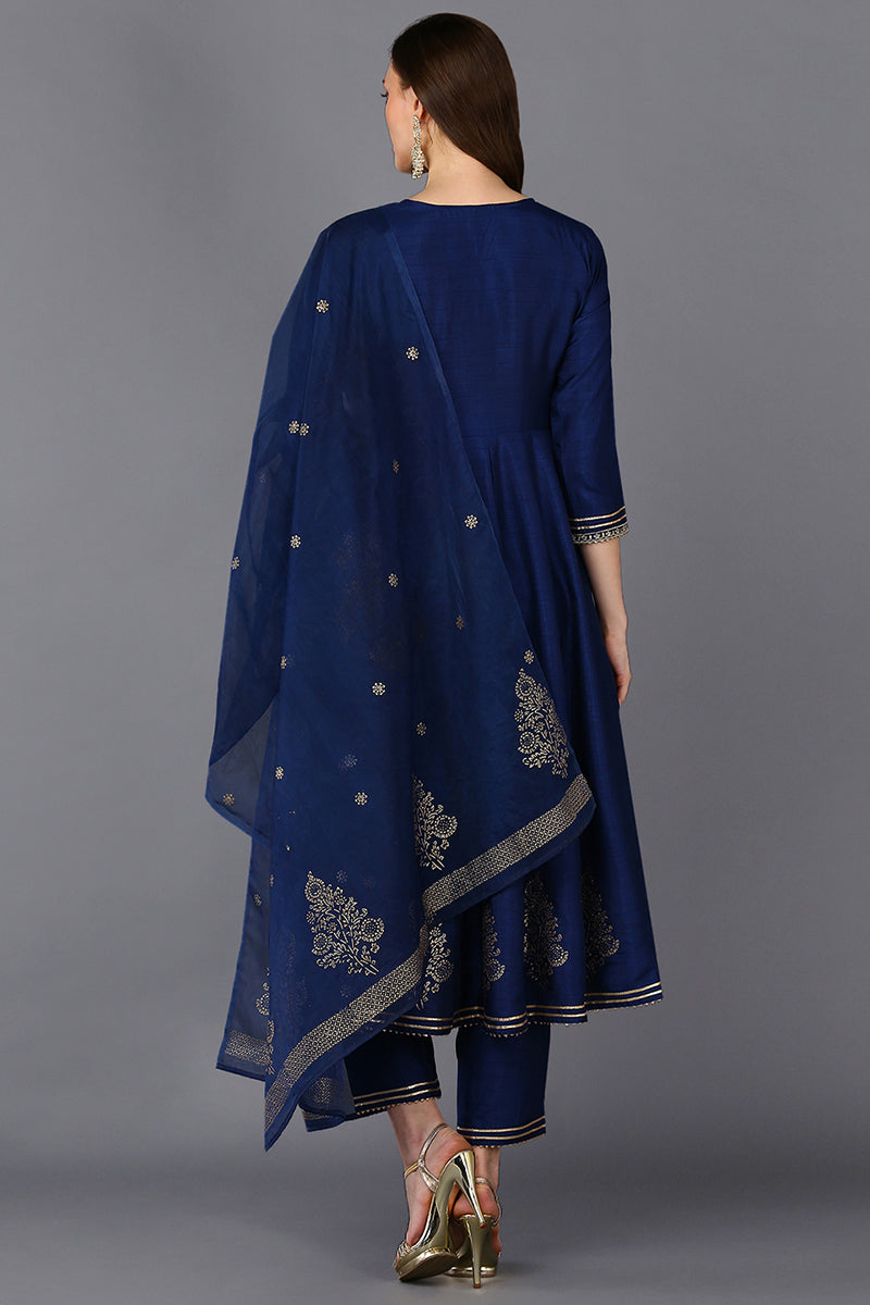 Silk Blend Navy Blue Flared Kurta Pant With Dupatta PKSKD1940