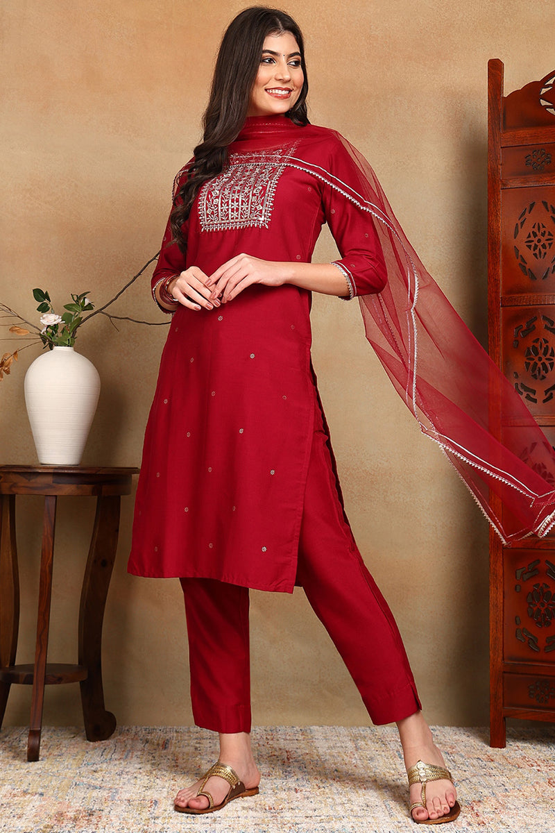 Maroon Silk Blend Rogan Work Straight Suit Set PKSKD1941