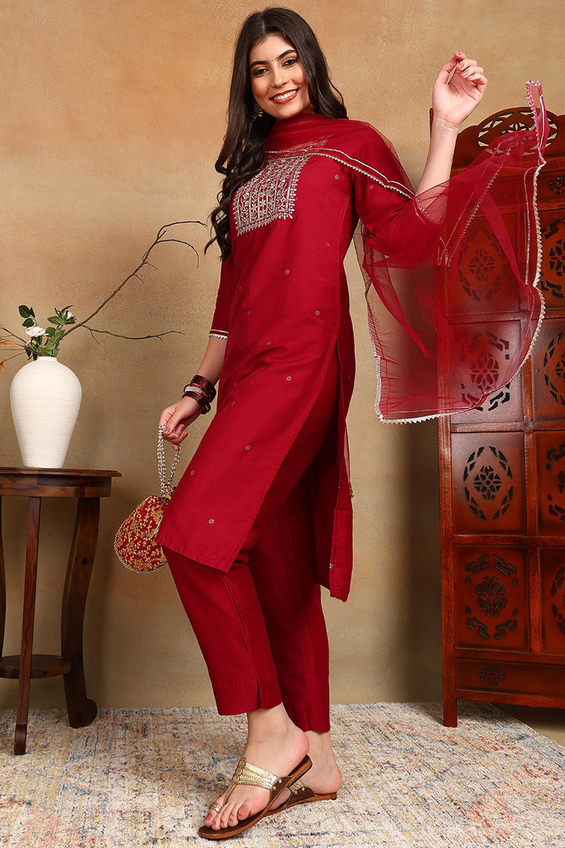 Maroon Silk Blend Rogan Work Straight Suit Set PKSKD1941