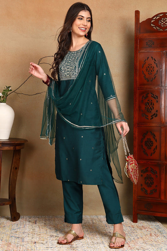 Green Silk Blend Rogan Work Straight Suit Set PKSKD1942