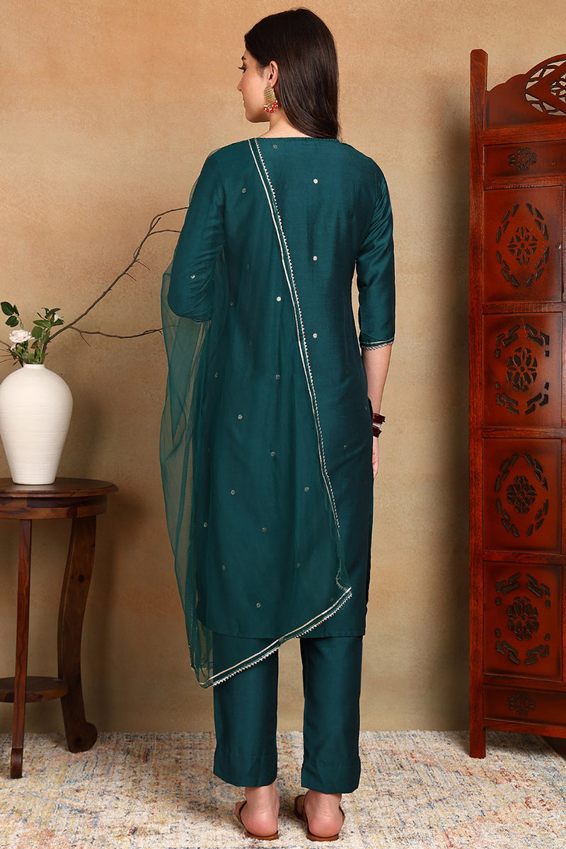 Green Silk Blend Rogan Work Straight Suit Set PKSKD1942