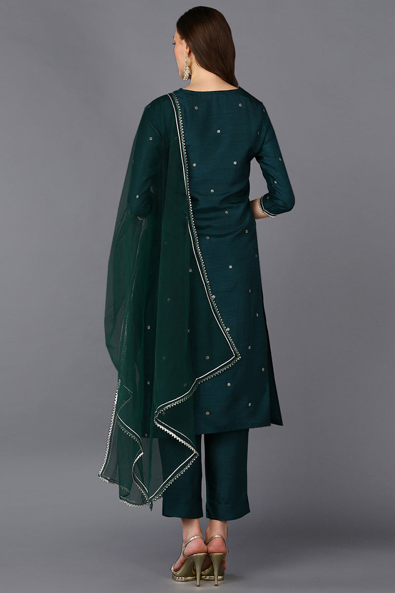 Green Silk Blend Rogan Work Straight Suit Set PKSKD1942