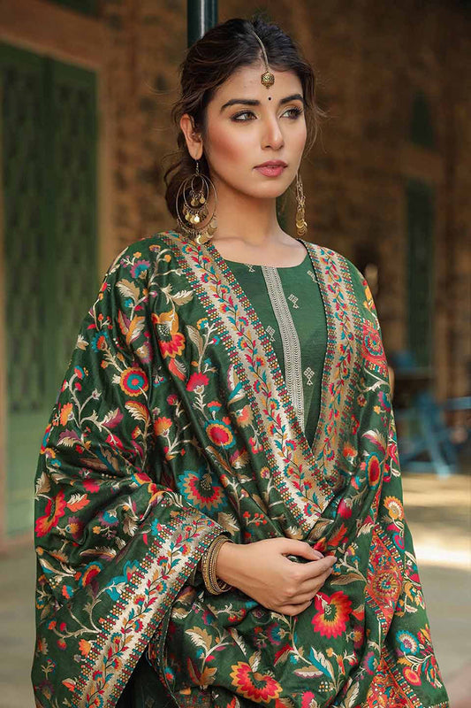 Green Silk Blend Ethnic Motifs Straight Suit Set PKSKD1953