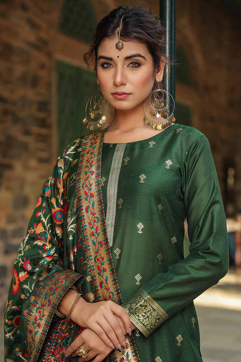 Green Silk Blend Ethnic Motifs Straight Suit Set PKSKD1953