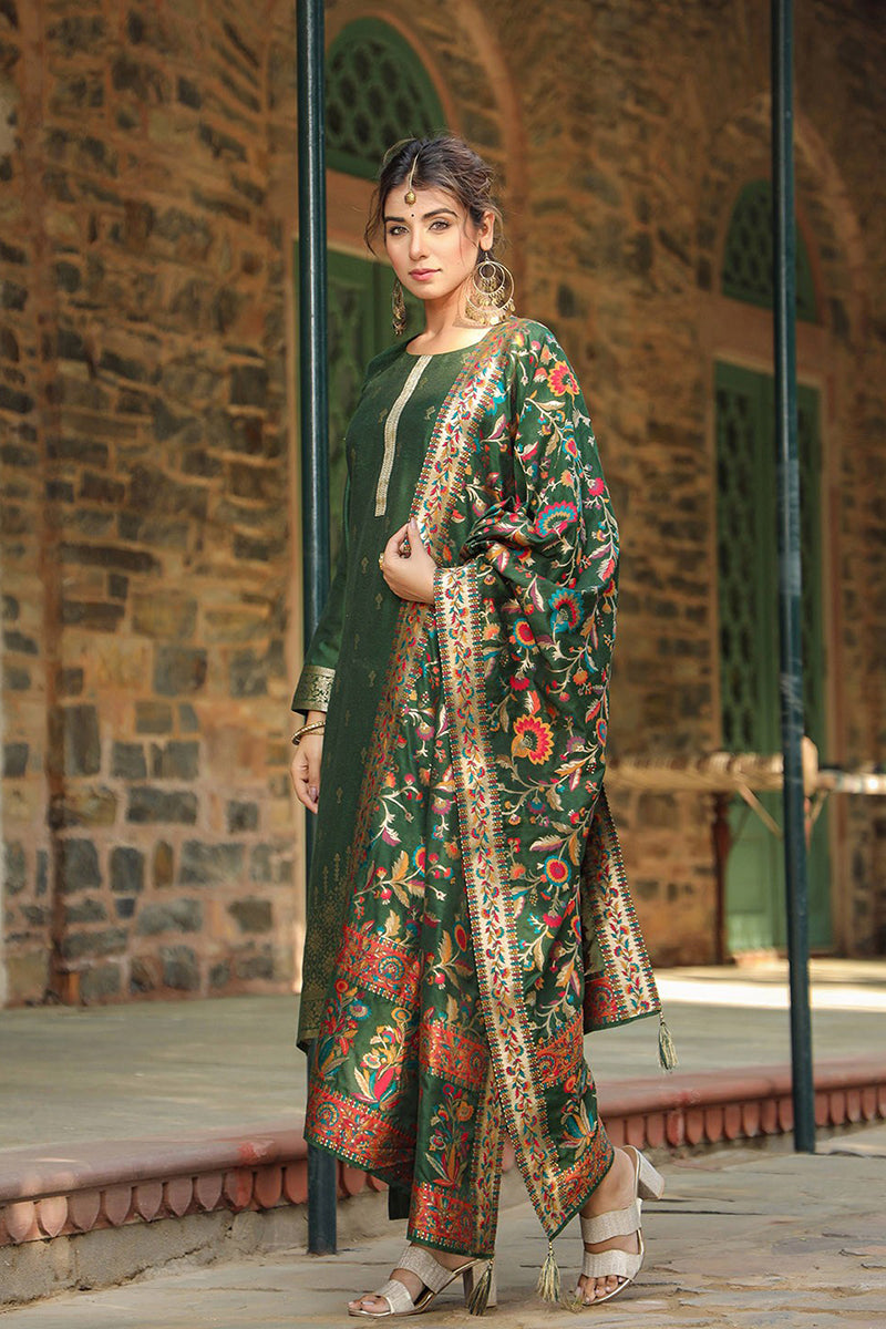 Green Silk Blend Ethnic Motifs Straight Suit Set PKSKD1953