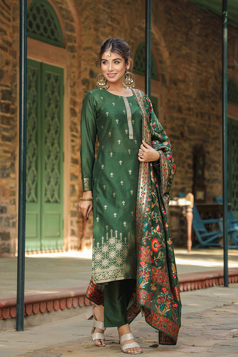 Green Silk Blend Ethnic Motifs Straight Suit Set PKSKD1953