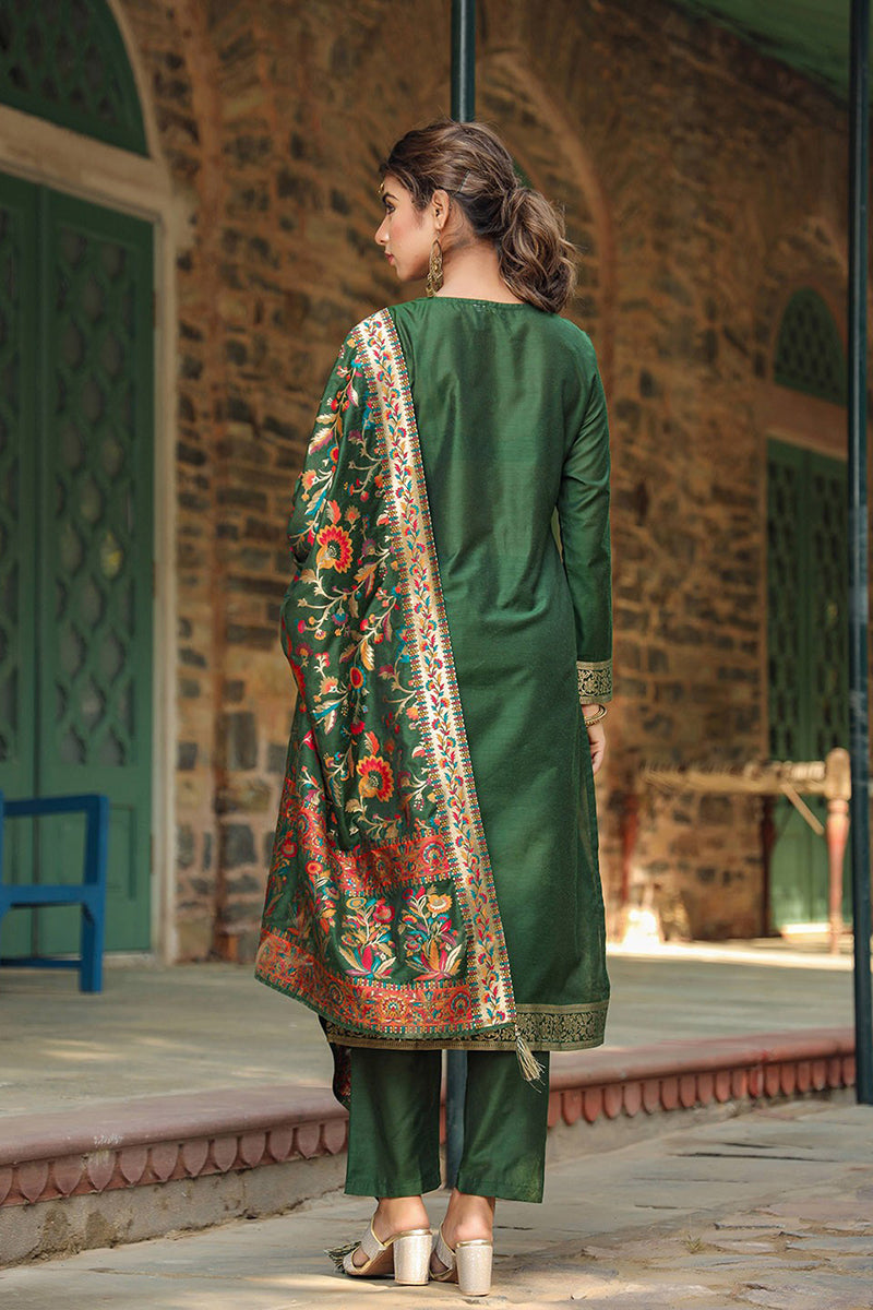 Green Silk Blend Ethnic Motifs Straight Suit Set PKSKD1953