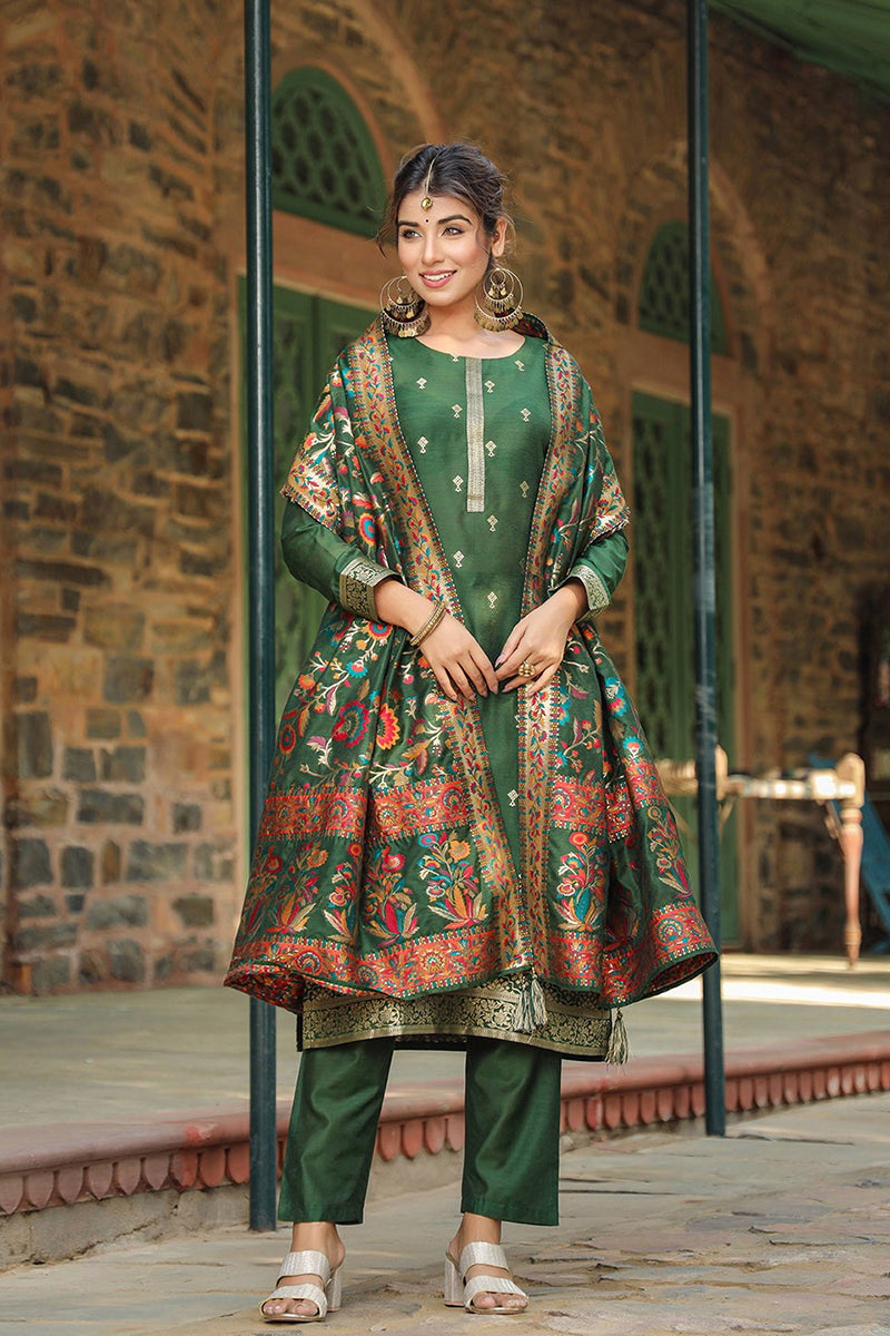 Green Silk Blend Ethnic Motifs Straight Suit Set PKSKD1953