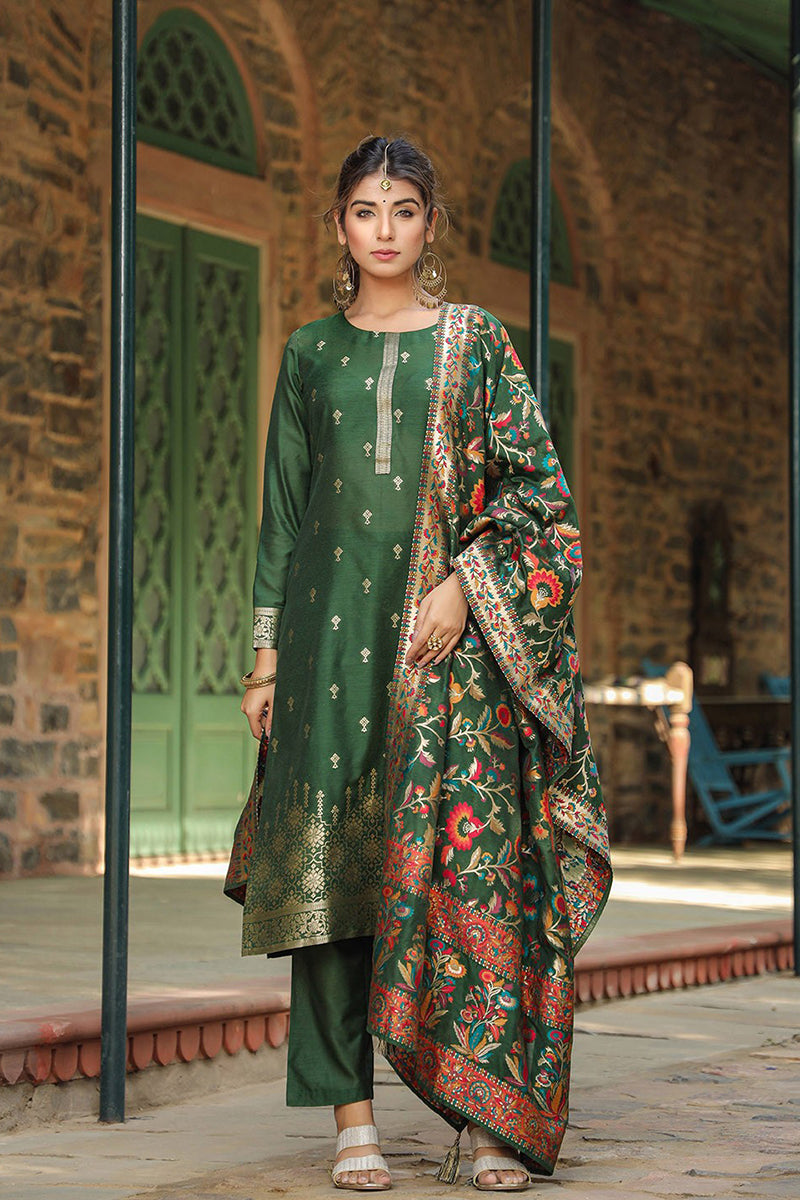 Green Silk Blend Ethnic Motifs Straight Suit Set PKSKD1953