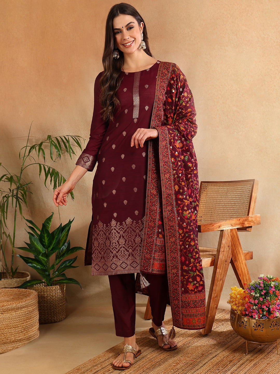 Burgundy Silk Blend Ethnic Straight Suit Set PKSKD1954