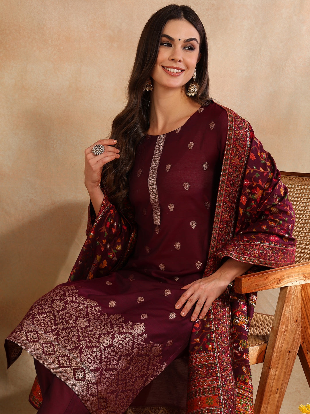 Burgundy Silk Blend Ethnic Straight Suit Set PKSKD1954