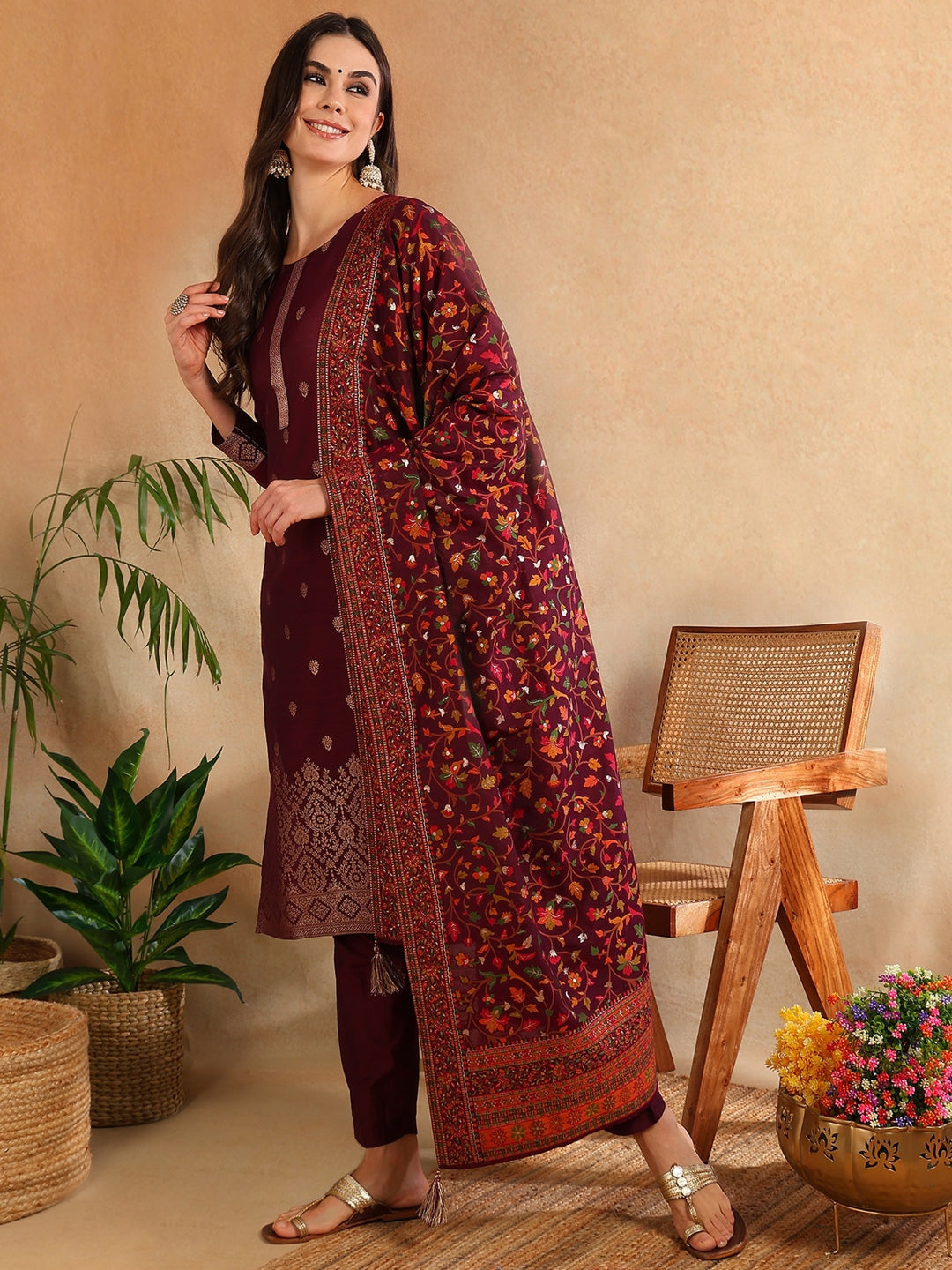 Burgundy Silk Blend Ethnic Straight Suit Set PKSKD1954