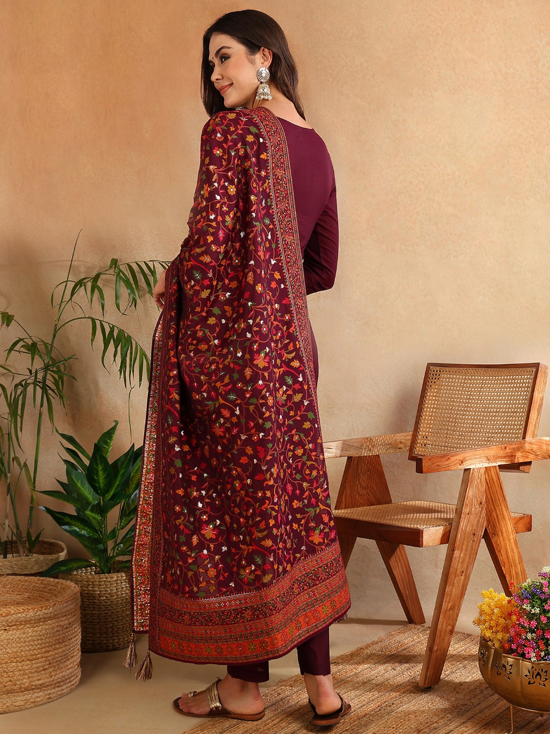 Burgundy Silk Blend Ethnic Straight Suit Set PKSKD1954