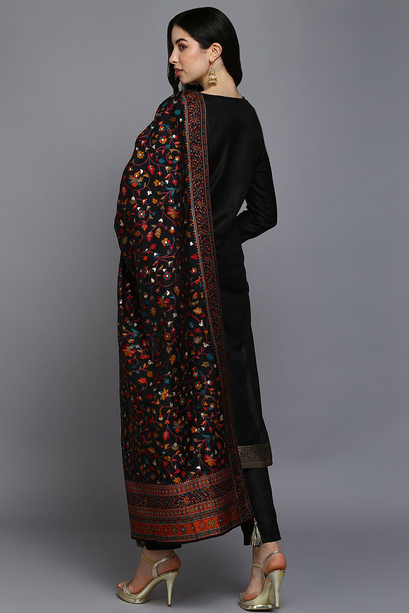 Black Silk Blend Ethnic Straight Suit Set PKSKD1955