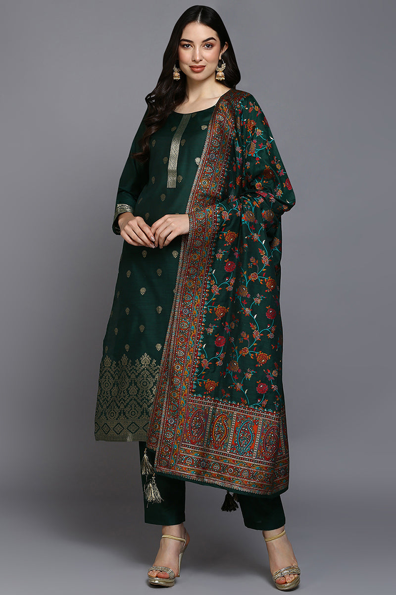 Green Silk Blend Ethnic Motifs Straight Suit Set PKSKD1956