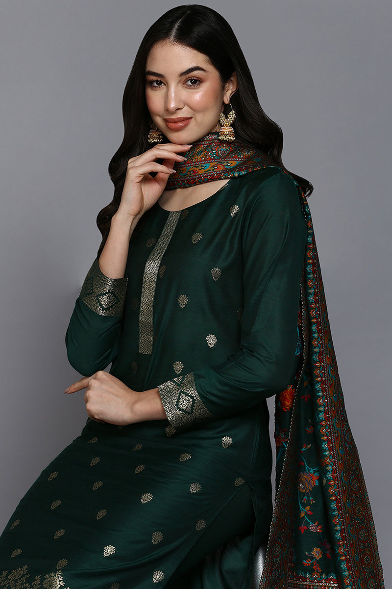 Green Silk Blend Ethnic Motifs Straight Suit Set PKSKD1956