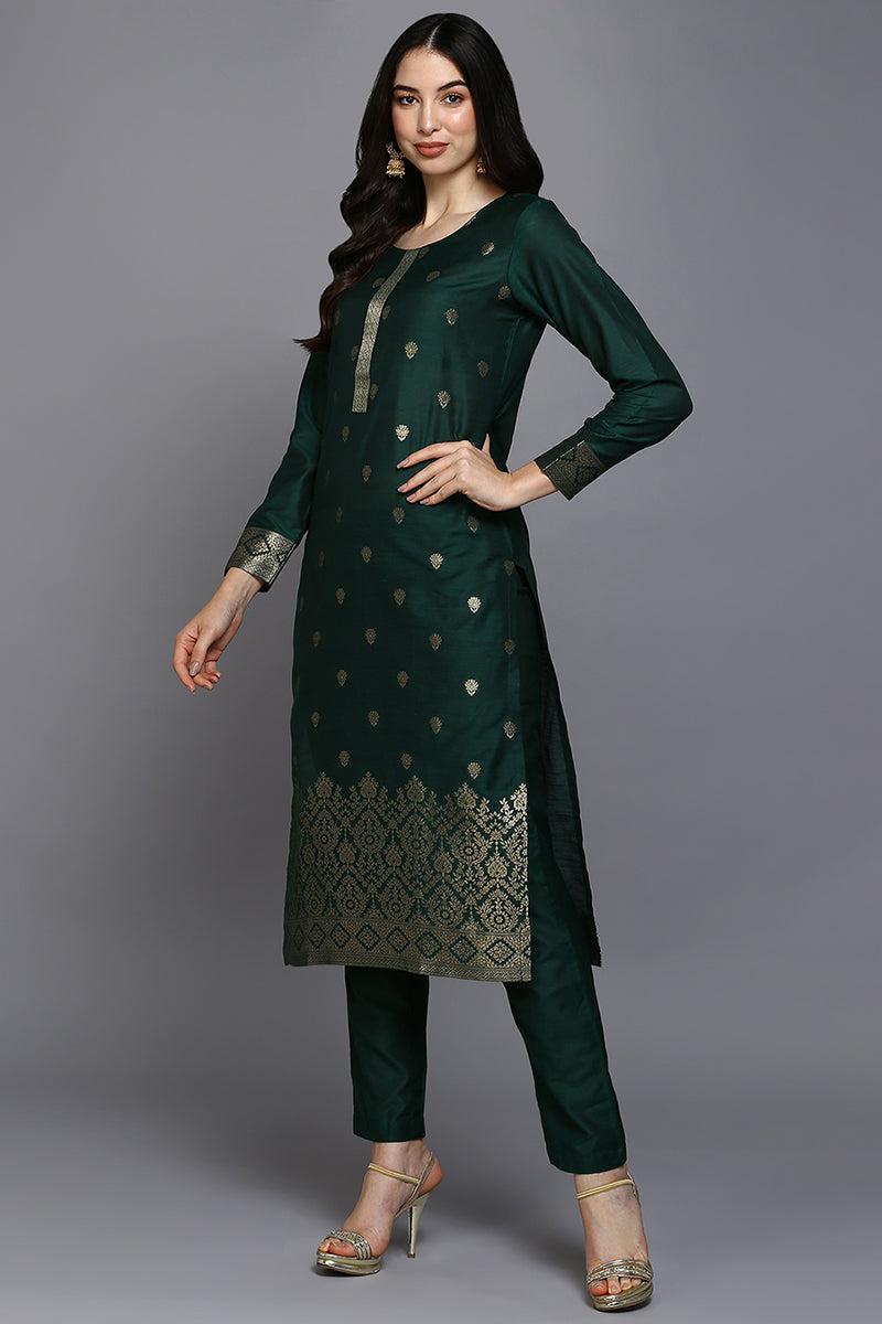 Green Silk Blend Ethnic Motifs Straight Suit Set PKSKD1956