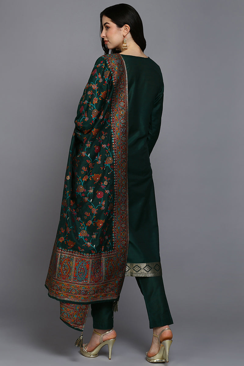 Green Silk Blend Ethnic Motifs Straight Suit Set PKSKD1956