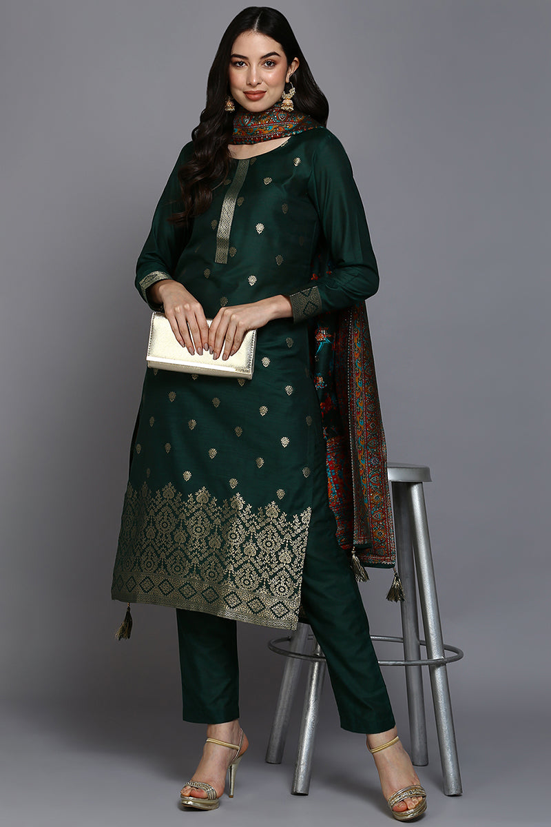 Green Silk Blend Ethnic Motifs Straight Suit Set PKSKD1956