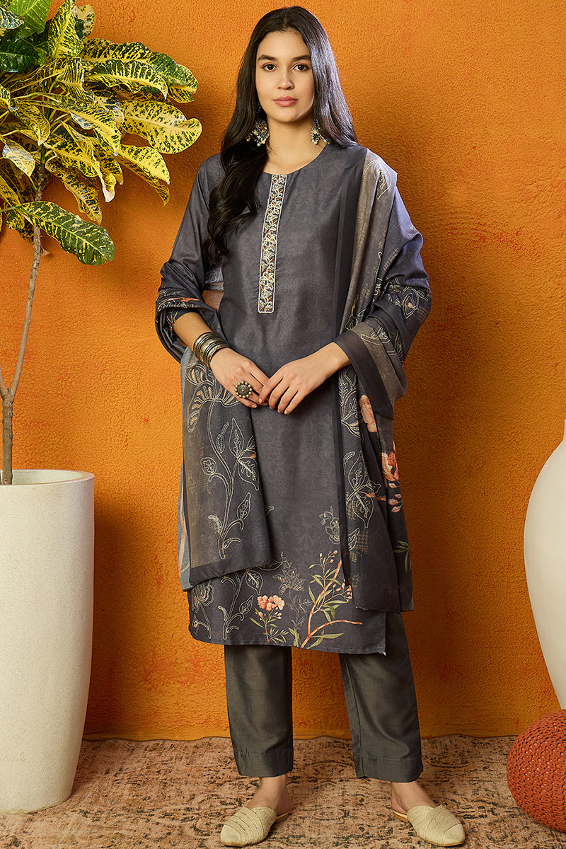 Grey Silk Blend Floral Straight Suit Set PKSKD1959