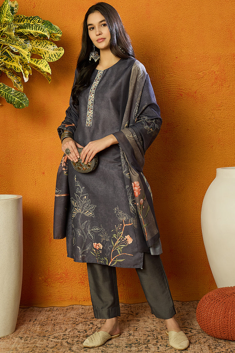 Grey Silk Blend Floral Straight Suit Set PKSKD1959