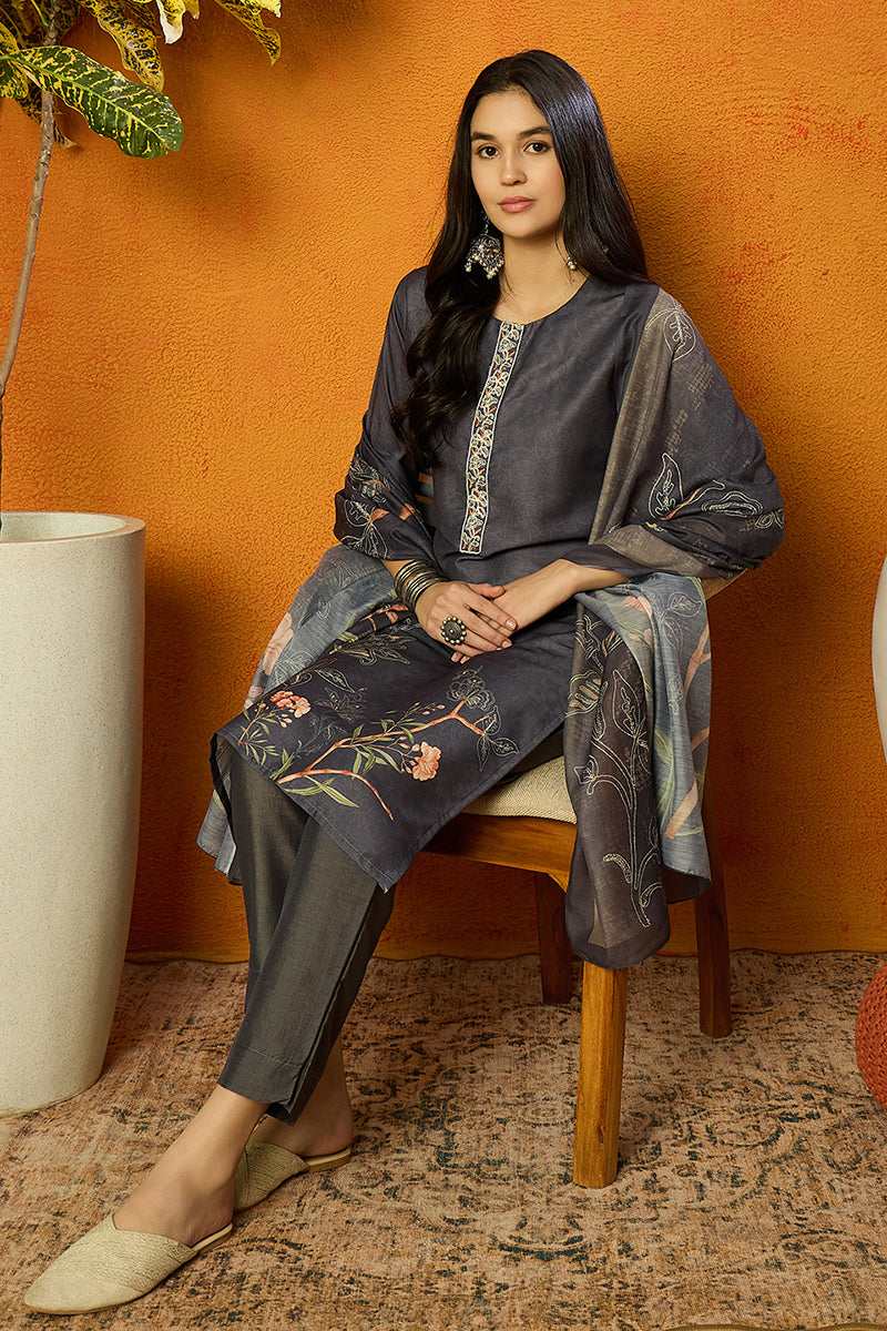 Grey Silk Blend Floral Straight Suit Set PKSKD1959