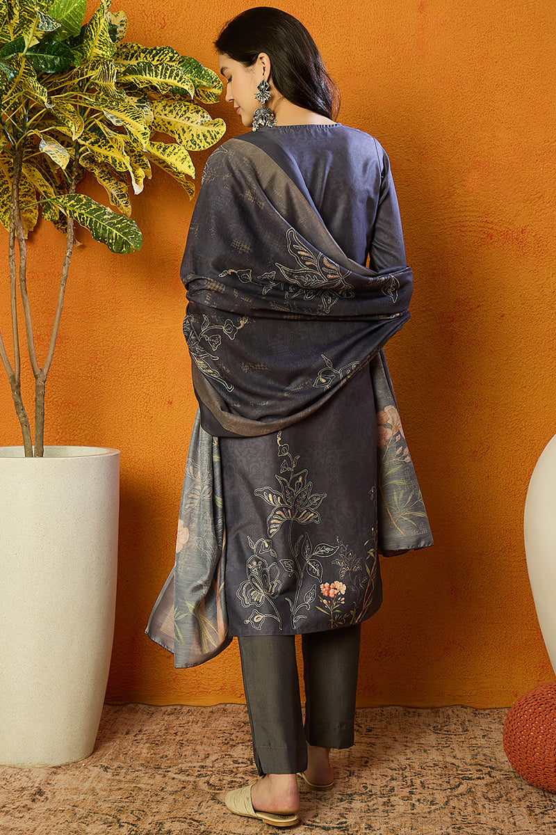 Grey Silk Blend Floral Straight Suit Set PKSKD1959