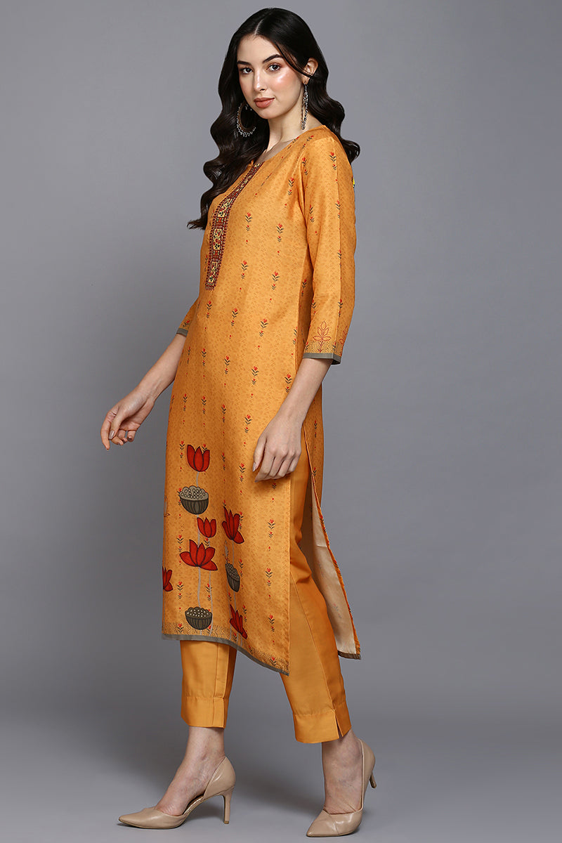 Orange Silk Blend Ethnic Motifs Straight Suit Set PKSKD1961