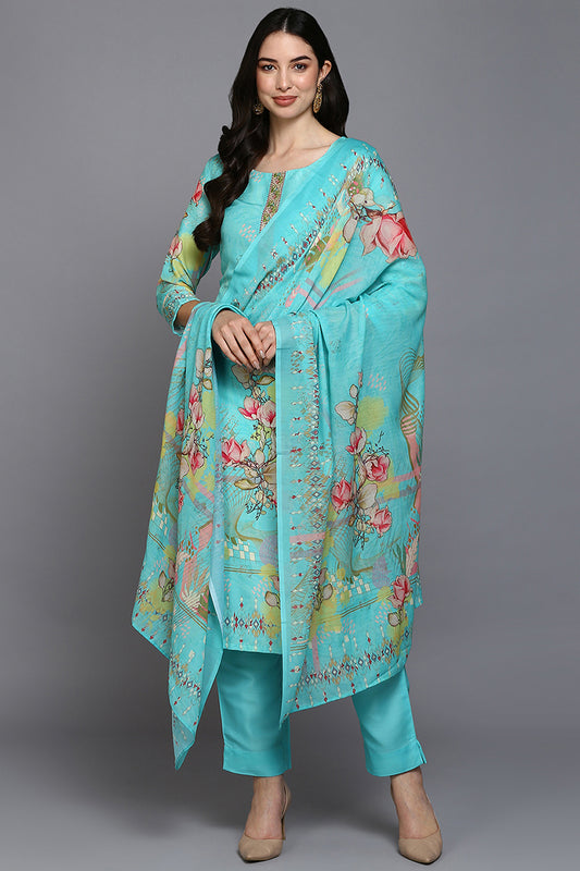 Turquoise Blue Silk Blend Floral Straight Suit Set PKSKD1967