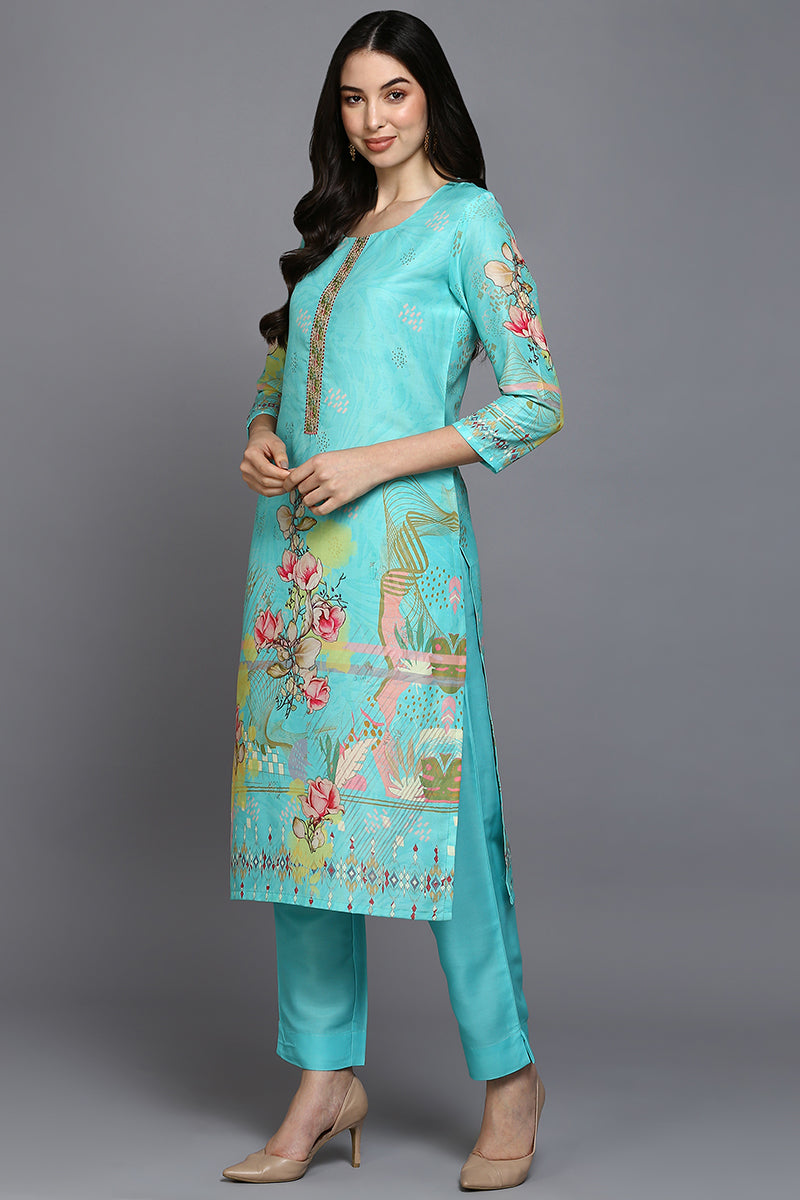 Turquoise Blue Silk Blend Floral Straight Suit Set PKSKD1967