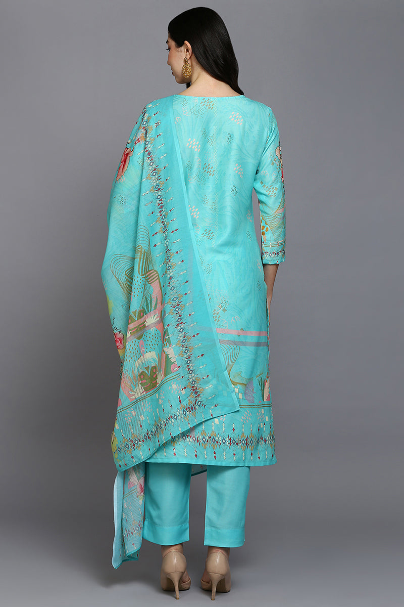 Turquoise Blue Silk Blend Floral Straight Suit Set PKSKD1967