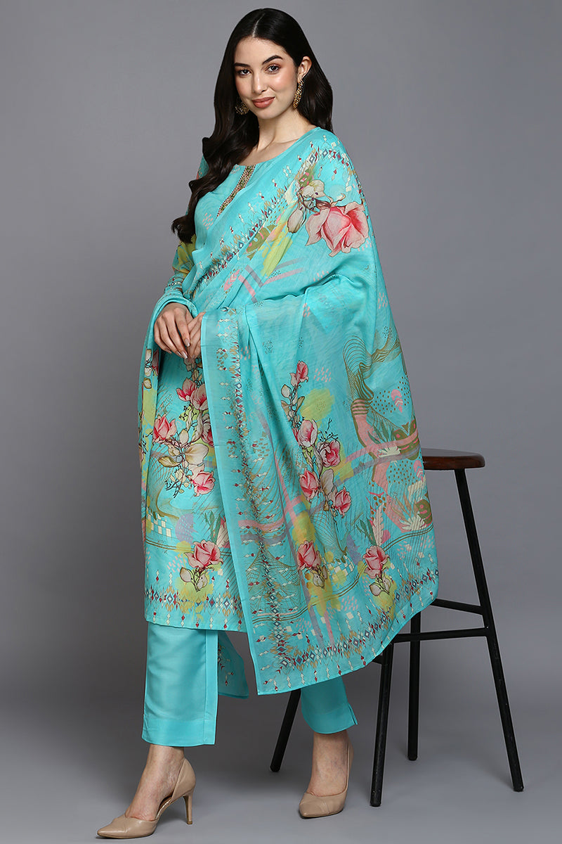 Turquoise Blue Silk Blend Floral Straight Suit Set PKSKD1967