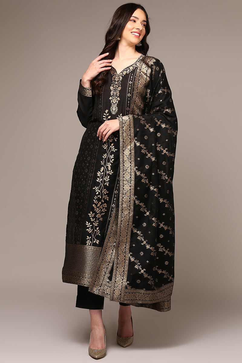 Black Poly Chanderi Floral Straight Suit Set PKSKD1975